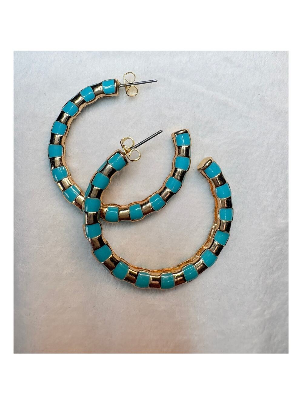 Turquoise Enamel & Gold‑Tone Segmented Hoop Earrings | Vintage 90s–2000s